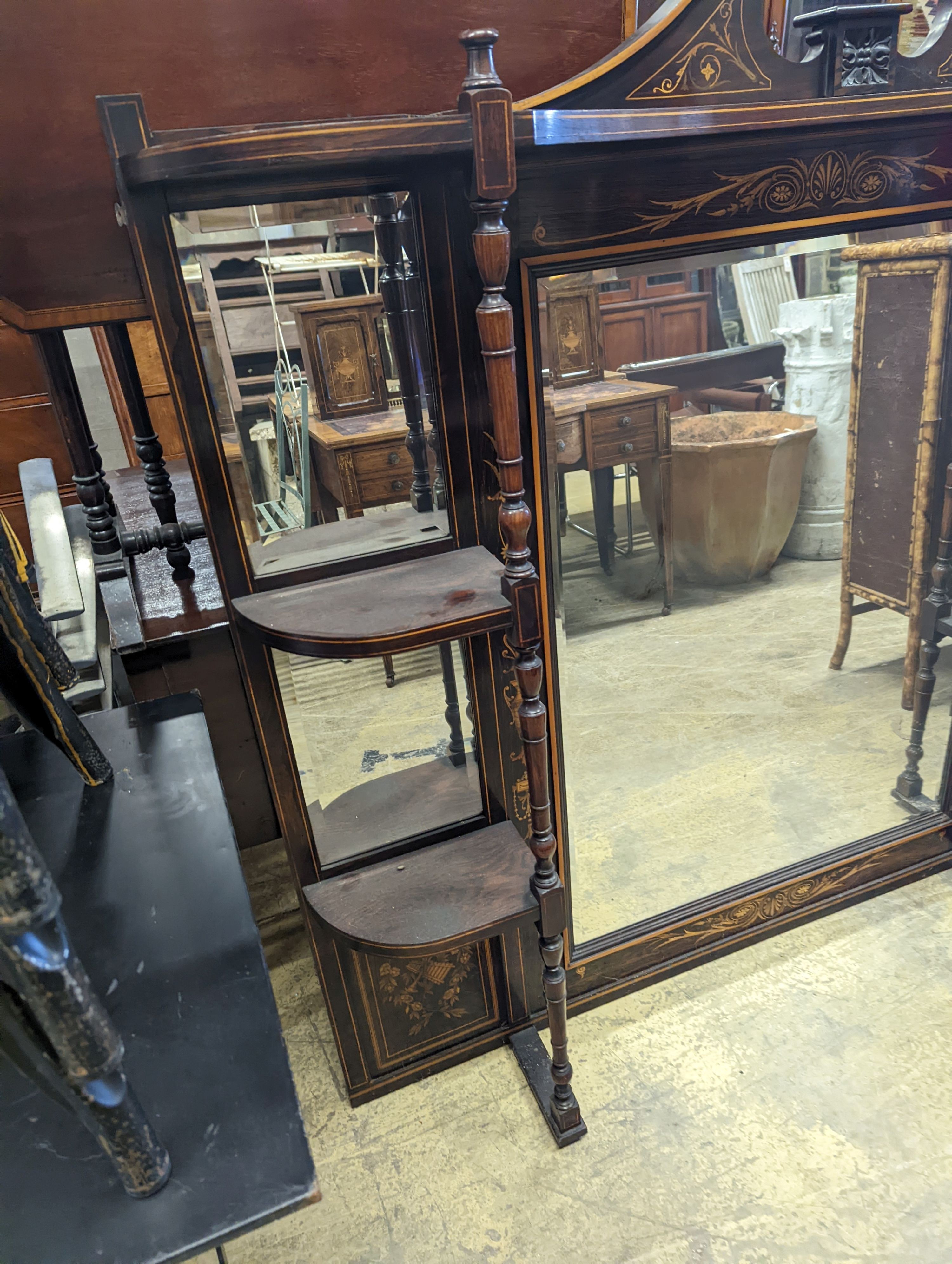 A late Victorian marquetry inlaid rosewood overmantel mirror, width 150cm, height 140cm